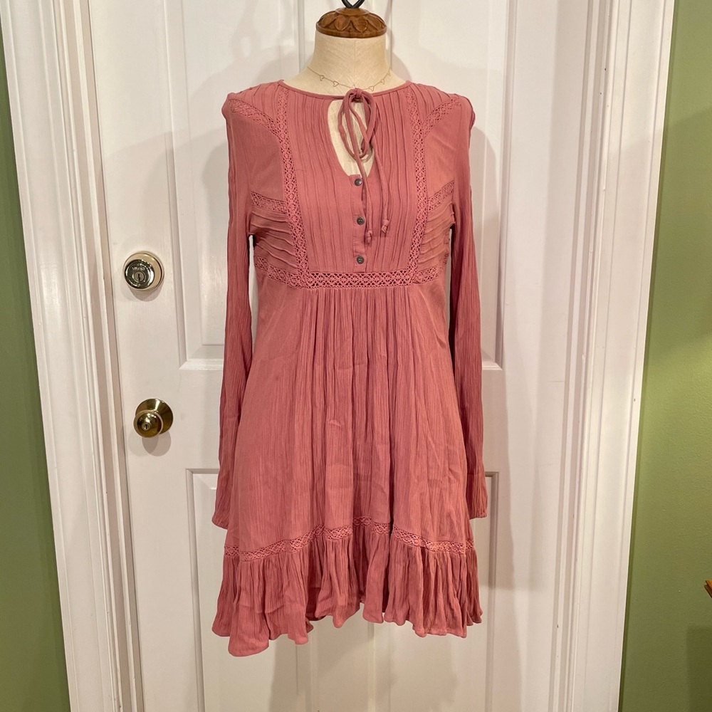 Free People Pink Long Sleeve Boho Mini Dress
